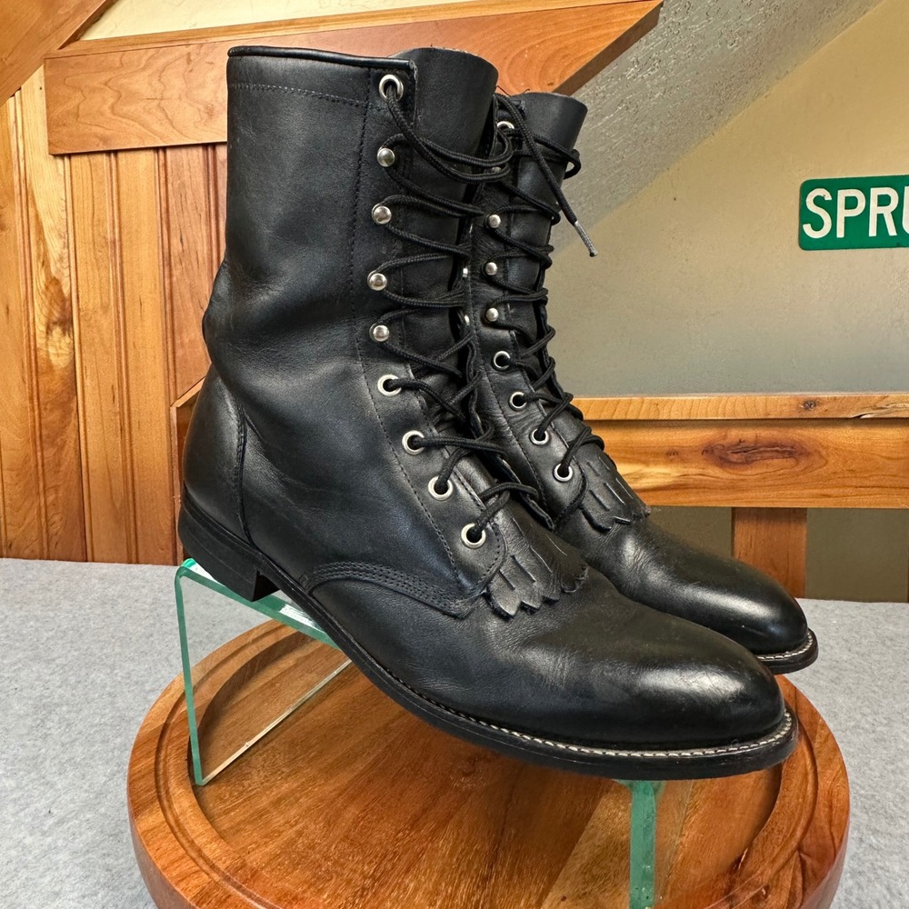 Justin Black Leather Packer Boots Kiltie Lace Up Western Work Riding Boots 9.5 D
